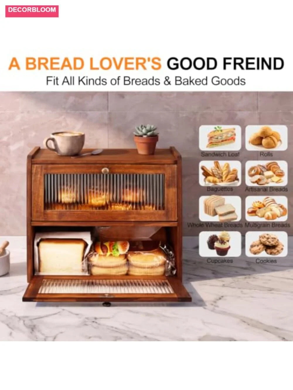 Solid Pine Wood Large Double Layer Bread Box with Acrylic Window